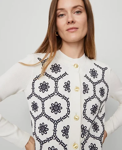 Ann Taylor Petite Floral Embroidered Cardigan White/Navy Women's