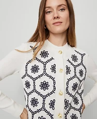 Ann Taylor Petite Floral Embroidered Cardigan White/Navy Women's