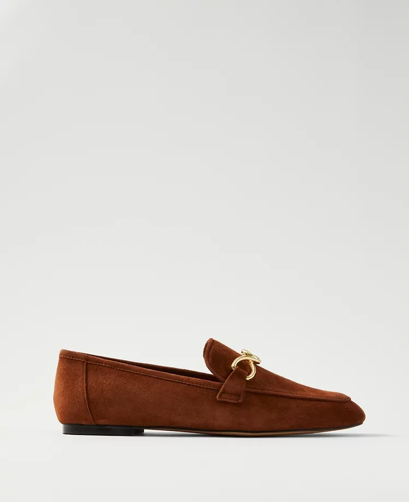 Ann Taylor Hardware Embellished Suede Loafers Spice Brown Women's