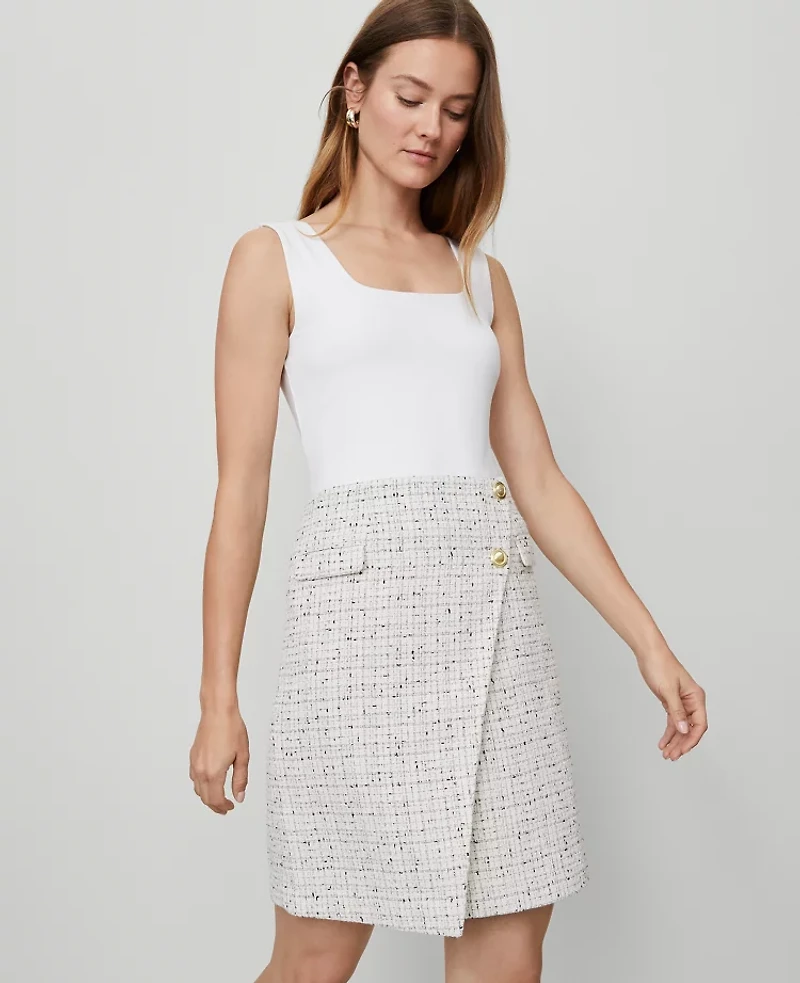 Ann Taylor Tweed Button Wrap Skirt Charcoal/White Combo Women's