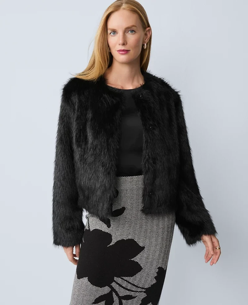 Ann Taylor Faux Fur Crew Neck Jacket Size XS Black Women's