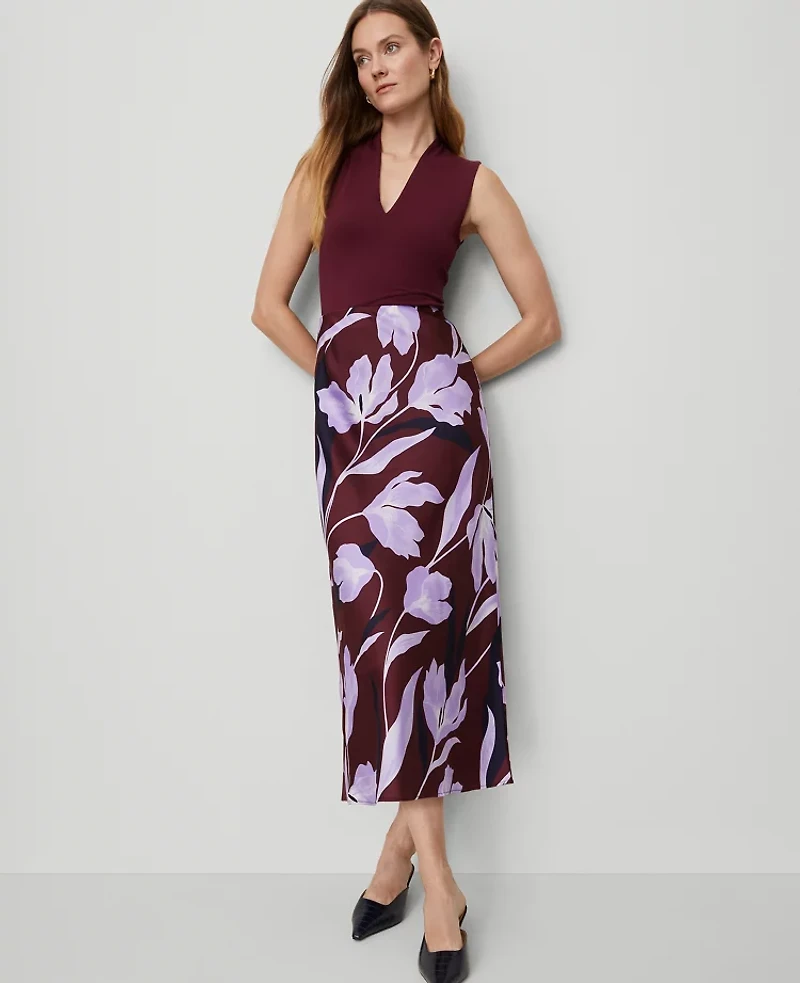 Ann Taylor Petite Floral Satin Bias Slip Skirt B Windsor Wine Women's