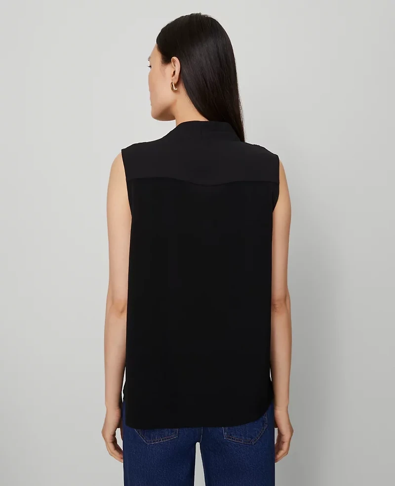 Ann Taylor Petite Mixed Media V-Neck Top Black Women's