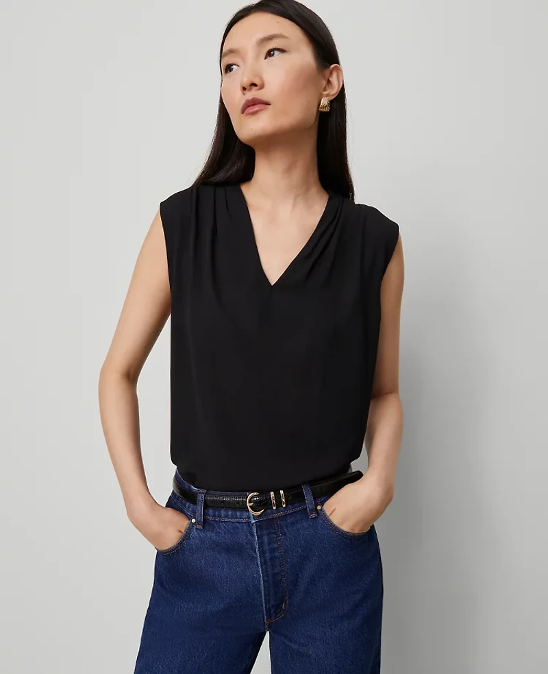 Ann Taylor Petite Mixed Media V-Neck Top Black Women's