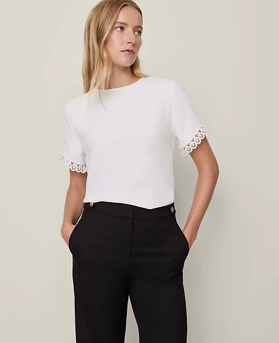 Ann Taylor Lace Trim Mixed Media Top Winter White Women's