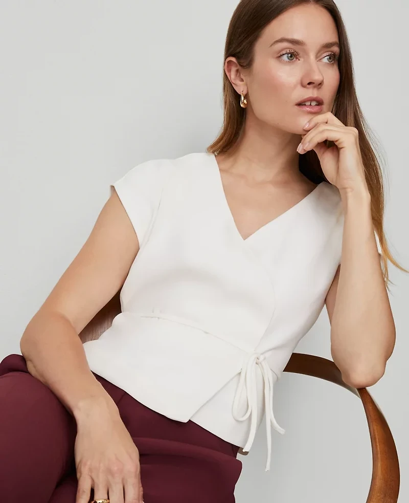 Ann Taylor Petite Wrap Tie Waist Blouse Winter White Women's
