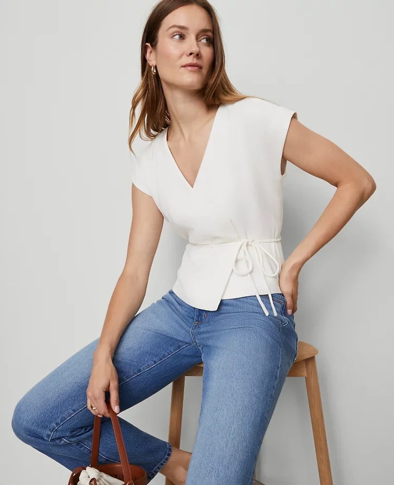 Ann Taylor Petite Wrap Tie Waist Blouse Winter White Women's