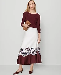 Ann Taylor Petite Paisley Satin Midi Skirt Size XS Windsor Wine Women's