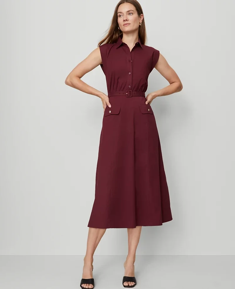Ann Taylor Petite Belted Flare Midi Shirtdress Women's