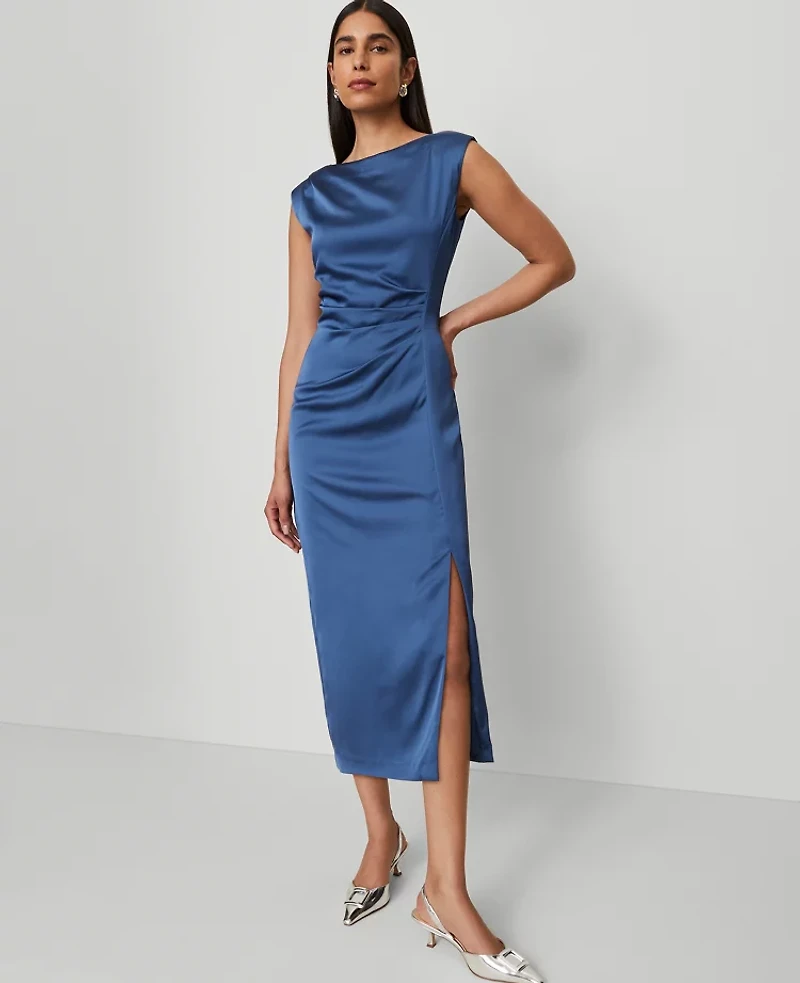 Ann Taylor Asymmetric Satin Sheath Dress Size 0 Faded Denim Women's