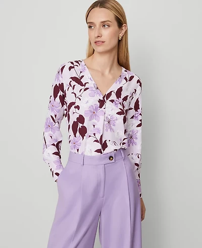 Ann Taylor Petite Floral Mixed Media Pleat Front Top Spring Lilac C Women's