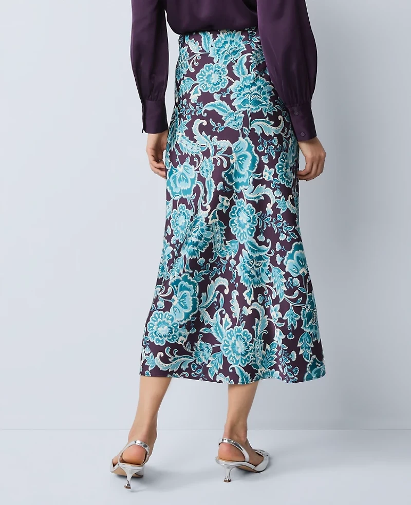 Ann Taylor Floral Satin Midi Slip Skirt Aubergine Dream Women's