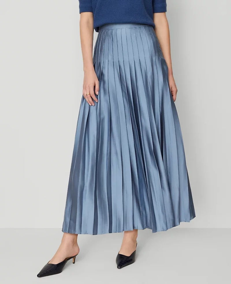 Ann Taylor Petite Satin Pleated Midi Skirt Cool Cascades Women's