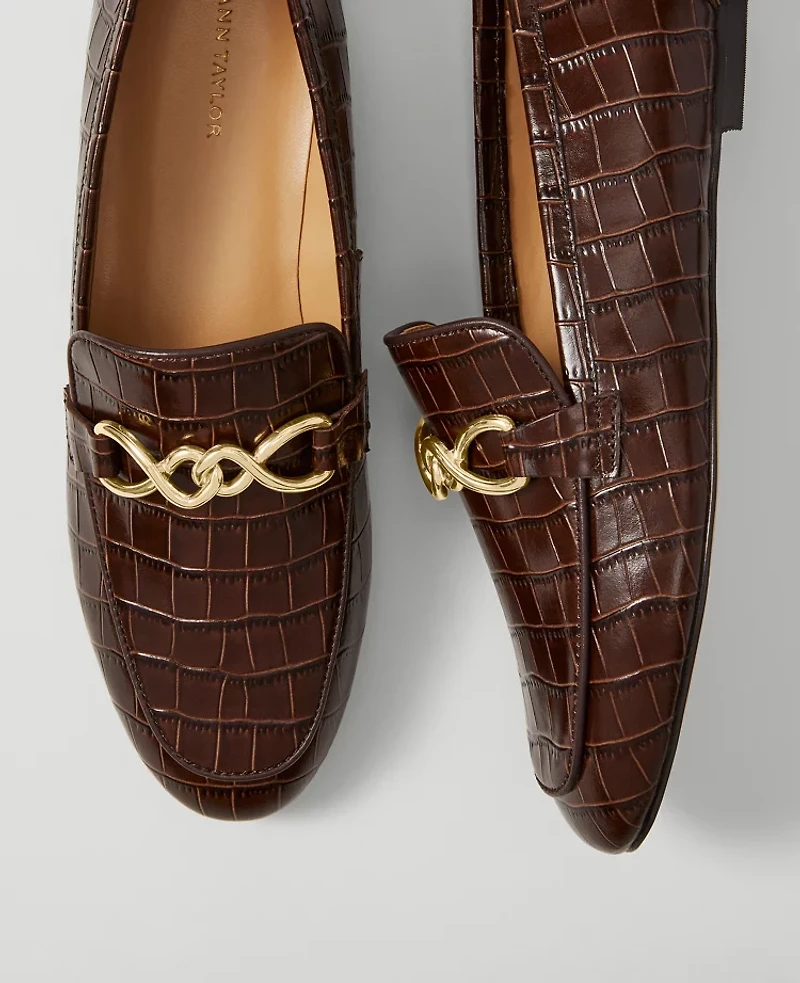 Ann Taylor Hardware Embellished Croco Loafers Dark Chocolate Women's
