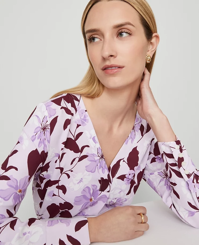 Ann Taylor Floral Mixed Media Pleat Front Top Spring Lilac C Women's