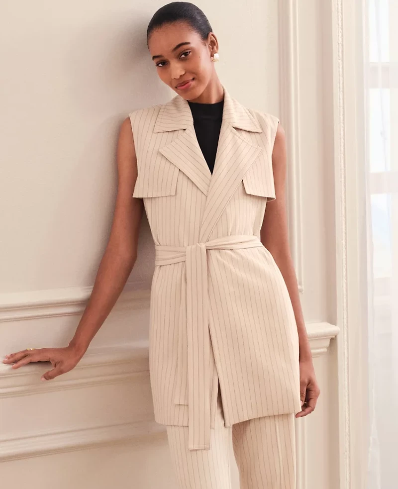 Ann Taylor Pinstriped Trench Vest Black Cream Combo Women's