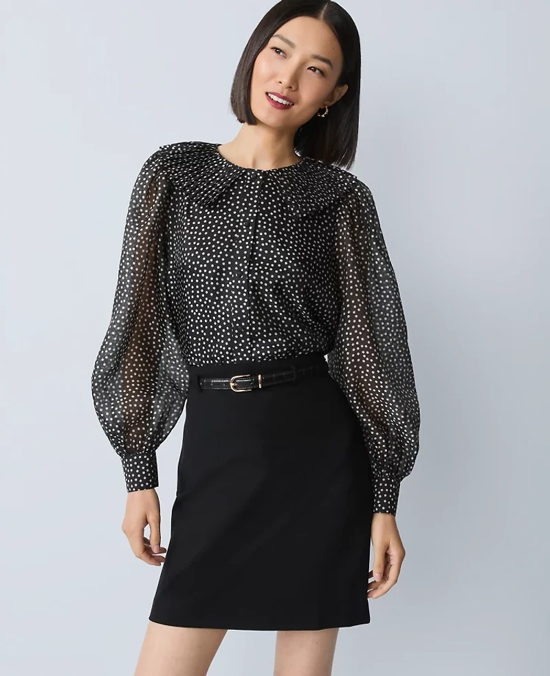Ann Taylor Dotted Pleated Collar Blouse Black Women's