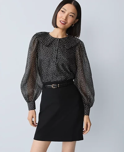 Ann Taylor Dotted Pleated Collar Blouse Black Women's