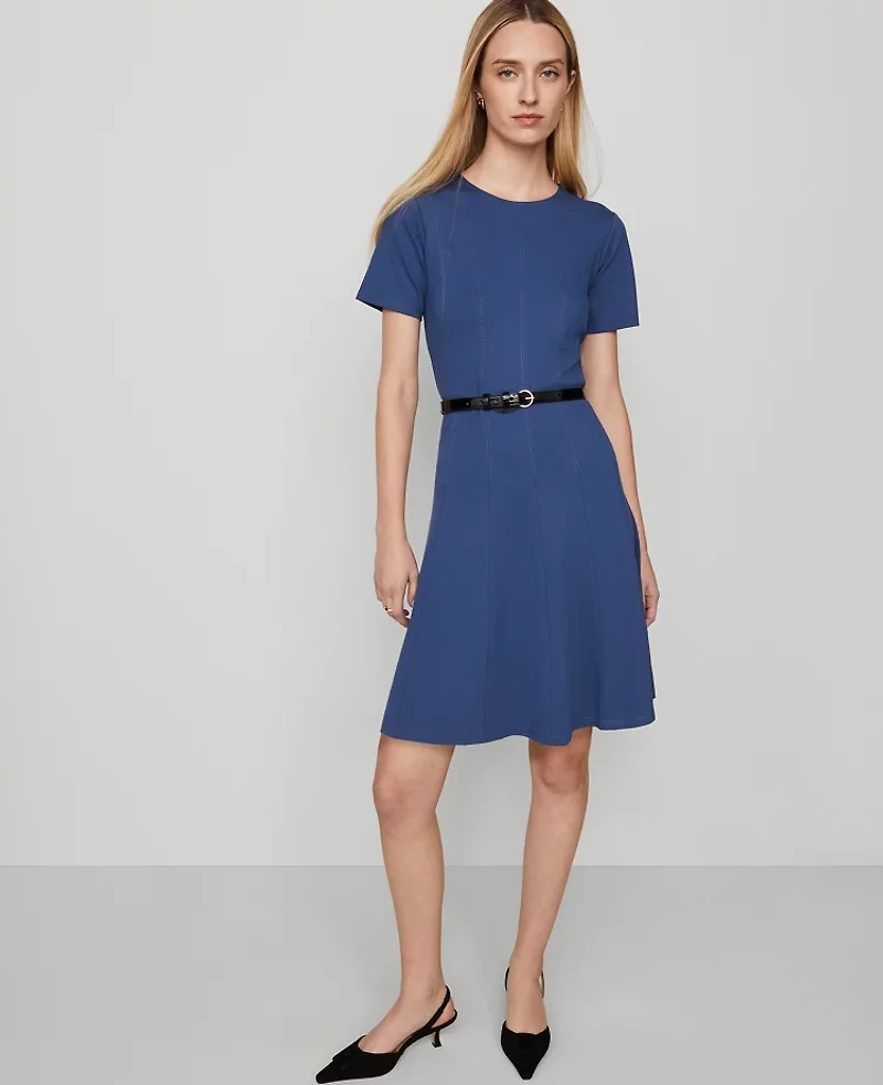 Ann Taylor Petite Crew Neck Belted Flare Dress Faded Denim Women's