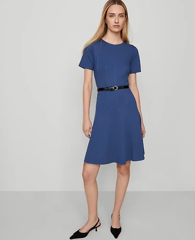 Ann Taylor Petite Crew Neck Belted Flare Dress Faded Denim Women's
