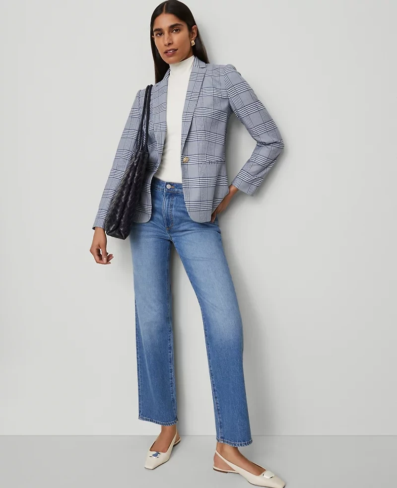 Ann Taylor The Petite Hutton Blazer Glen Check Faded Denim Women's