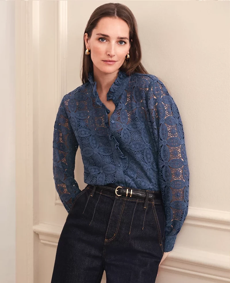 Ann Taylor Petite Ruffle Collar Lace Blouse Women's