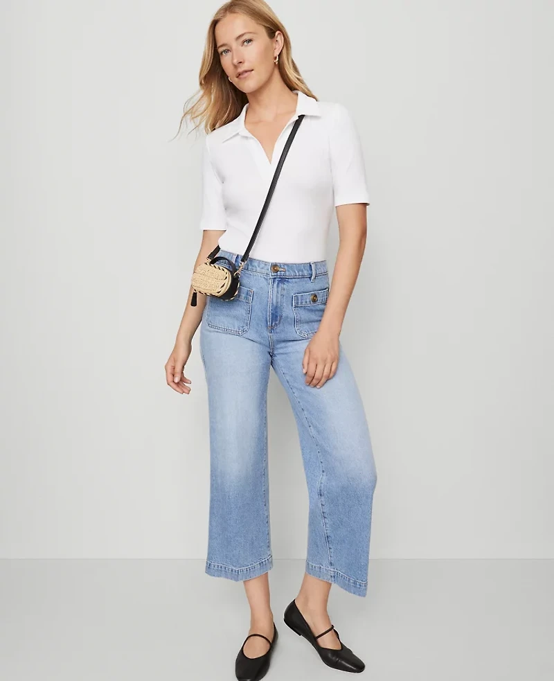 Ann Taylor Petite Weekend Collection Split Neck Polo Top White Women's