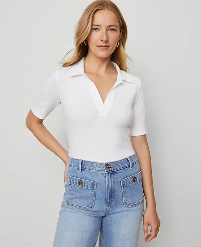 Ann Taylor Petite Weekend Collection Split Neck Polo Top White Women's