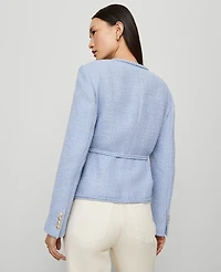 Ann Taylor Petite Belted Tweed Crew Neck Jacket Placid Blue Women's