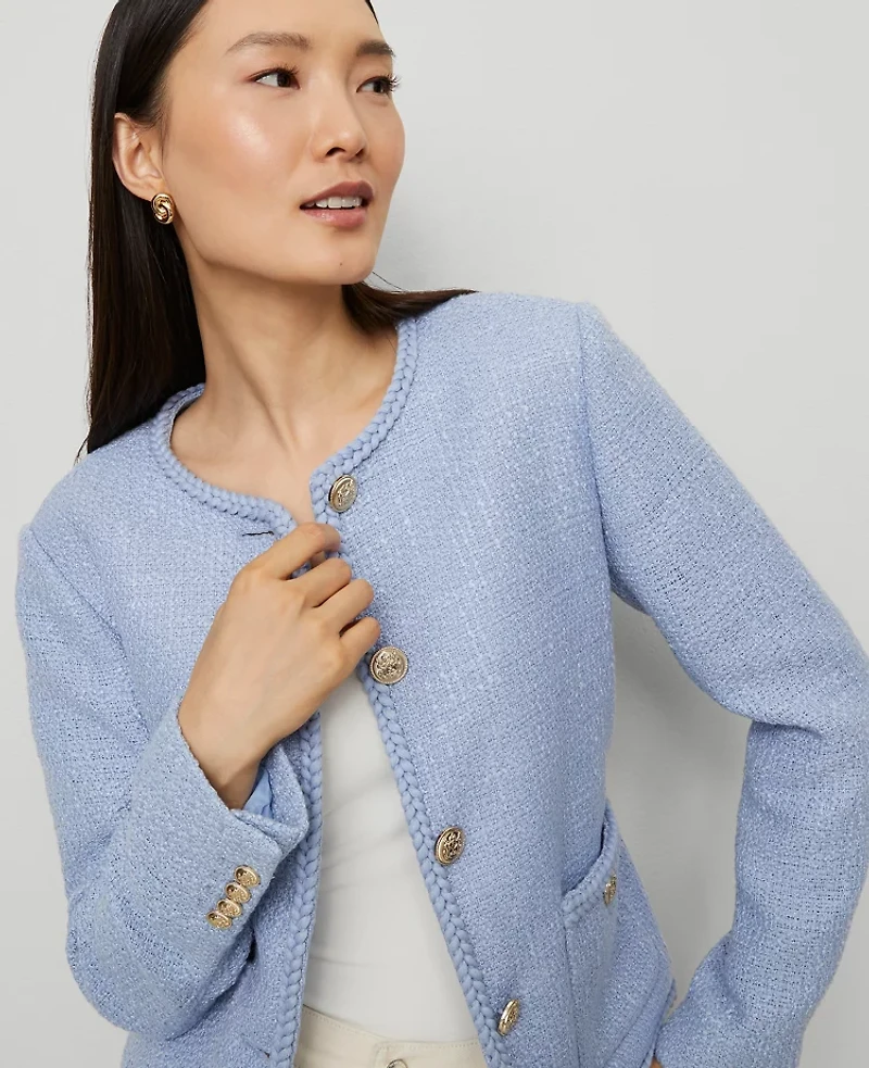 Ann Taylor Petite Belted Tweed Crew Neck Jacket Placid Blue Women's