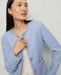 Ann Taylor Petite Belted Tweed Crew Neck Jacket Placid Blue Women's