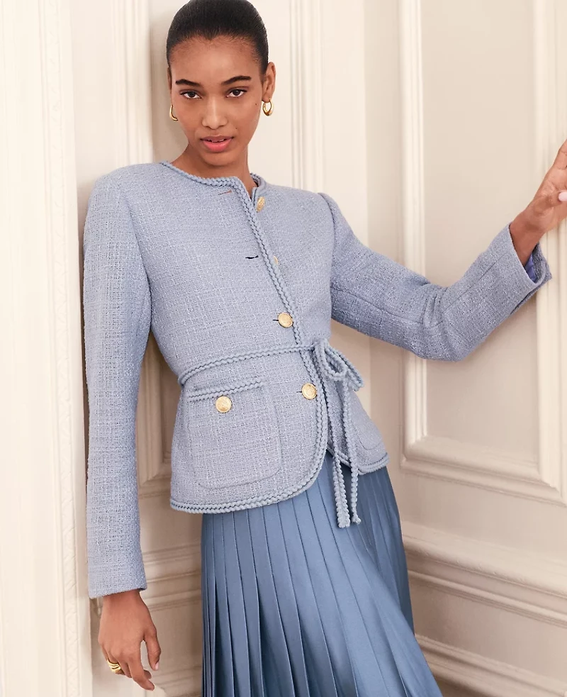 Ann Taylor Petite Belted Tweed Crew Neck Jacket Placid Blue Women's