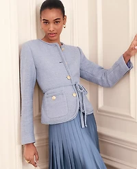 Ann Taylor Petite Belted Tweed Crew Neck Jacket Placid Blue Women's