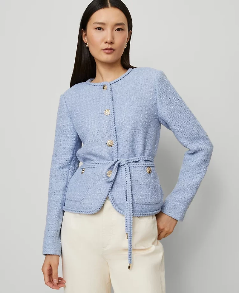 Ann Taylor Petite Belted Tweed Crew Neck Jacket Placid Blue Women's