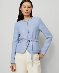 Ann Taylor Petite Belted Tweed Crew Neck Jacket Placid Blue Women's