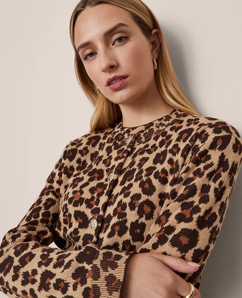 Ann Taylor Petite Animal Print Jacquard Cardigan Almond Croissant Women's