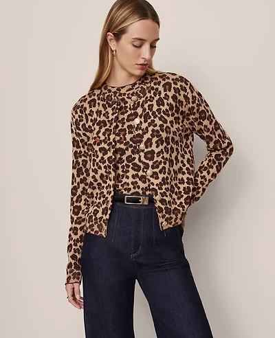 Ann Taylor Petite Animal Print Jacquard Cardigan Almond Croissant Women's