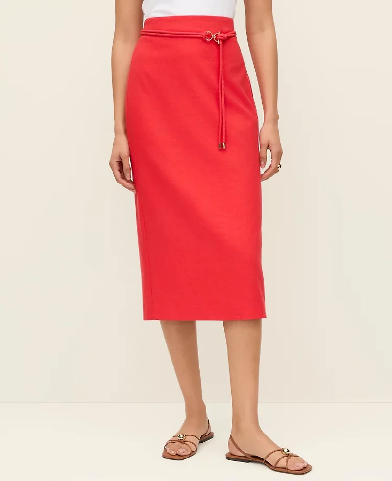 Ann Taylor Belted Midi Pencil Skirt Linen Blend Smoldering Red Women's
