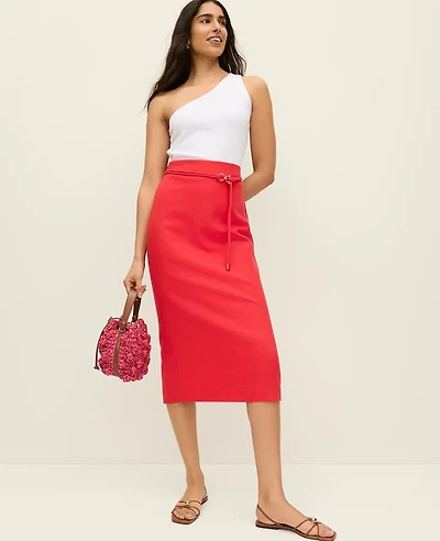 Ann Taylor Belted Midi Pencil Skirt Linen Blend Smoldering Red Women's