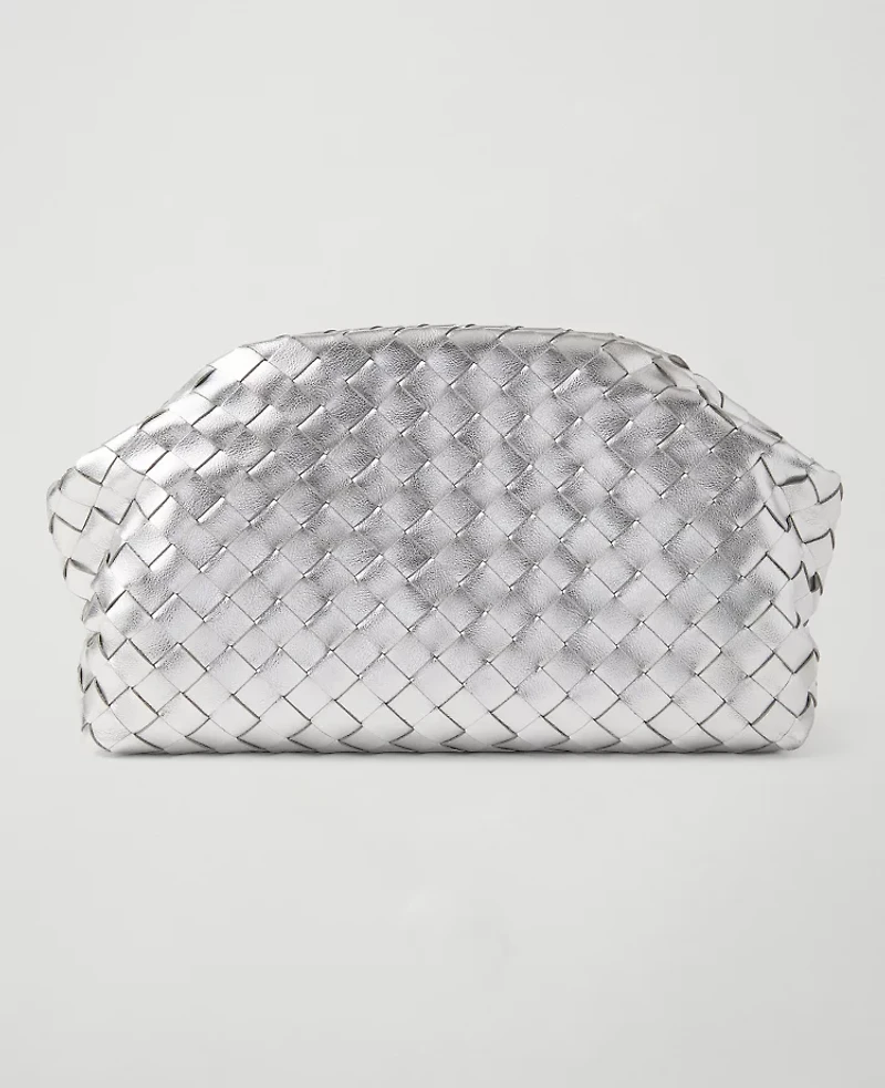 Ann Taylor Woven Metallic Clutch Handbag Silver Metallic Women's