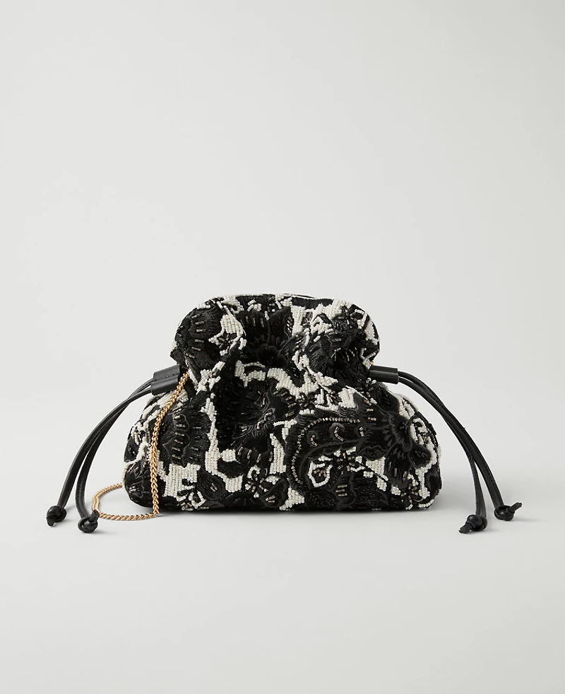 Ann Taylor Beaded Mini Drawstring Clutch Handbag Black Women's