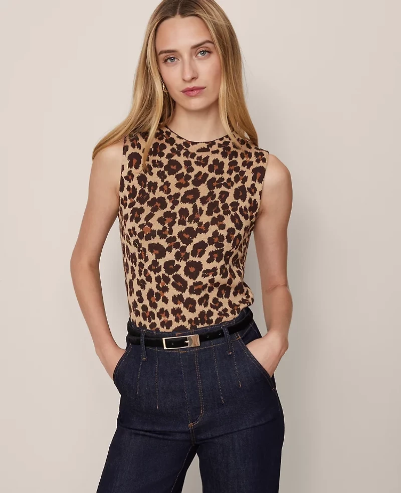 Ann Taylor Petite Animal Print Jacquard Sweater Shell Top Almond Croissant Women's