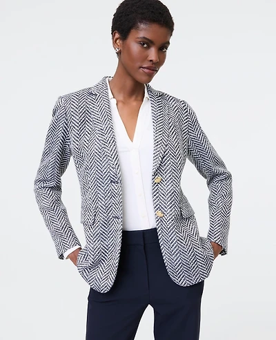 Ann Taylor The Greenwich Blazer Herringbone Tweed Speckled Navy/White Women's