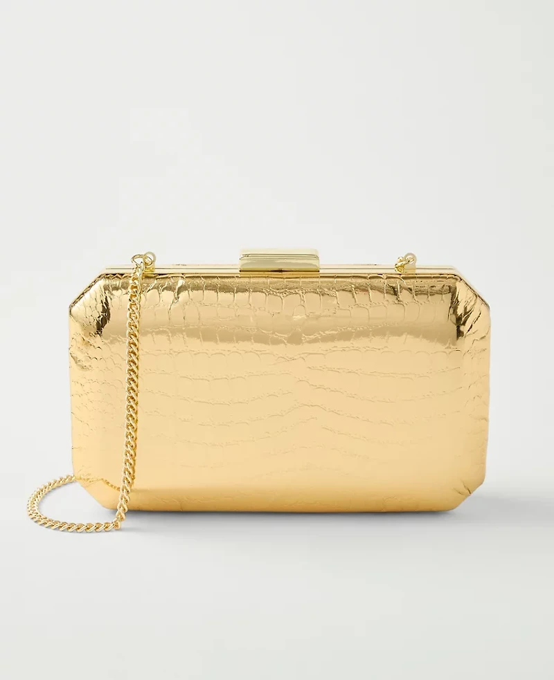 Ann Taylor Beveled Metallic Croco Clutch Handbag Gold Metallic Women's