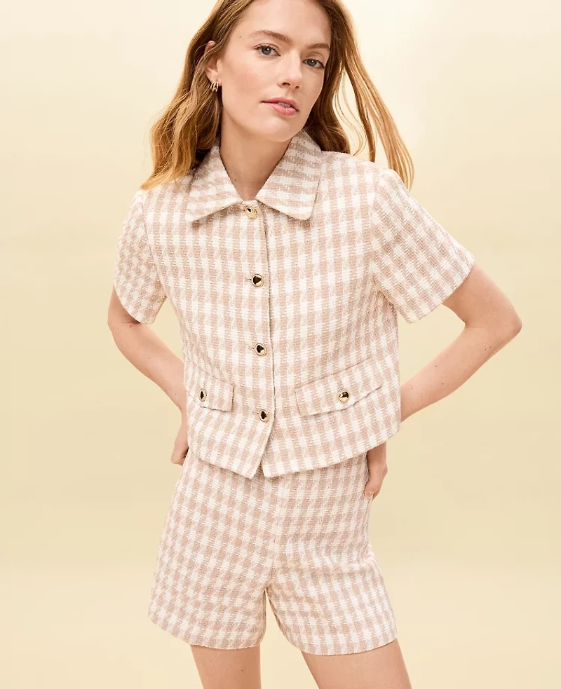 Ann Taylor Houndstooth Tweed Jacket Pale Sandalwood Women's