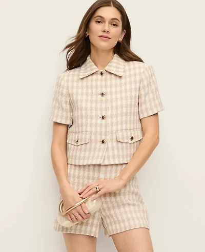 Ann Taylor Houdstooth Tweed Jacket Pale Sandalwood Women's