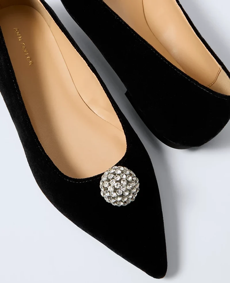 Ann Taylor Pointy Toe Embellished Velvet Flat Black Women's