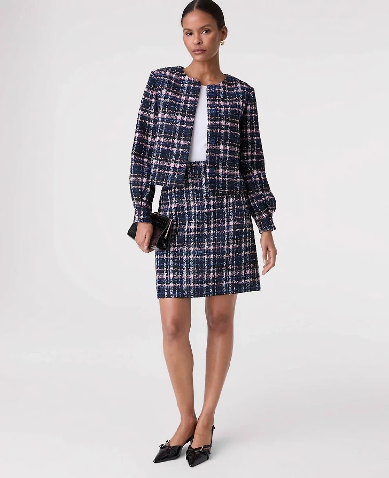Ann Taylor Plaid Tweed A-Line Skirt Pink/Blue Women's