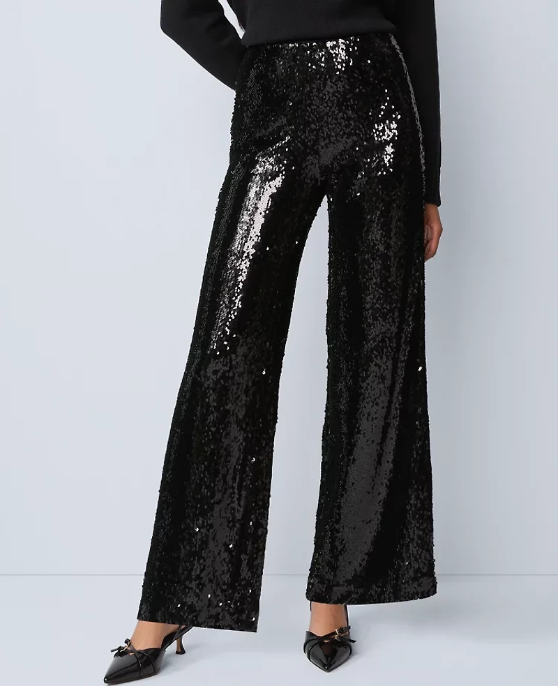 Ann Taylor The Petite Sequin Wide-Leg Pant Black Women's