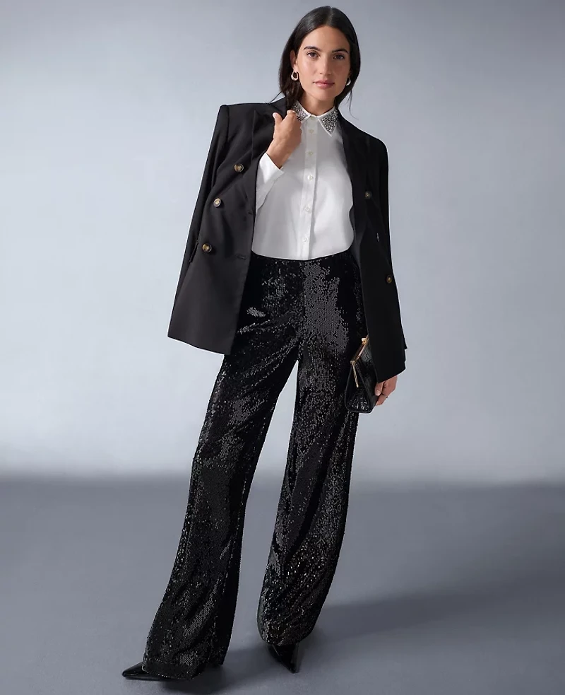 Ann Taylor The Petite Sequin Wide-Leg Pant Black Women's
